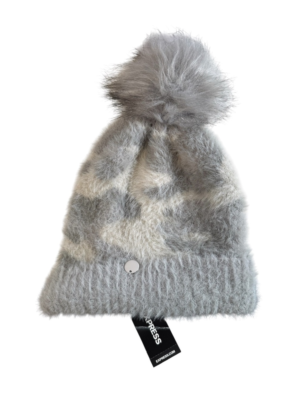 NWT Express Women’s Gray Cream Fuzzy Knit Pom Pom Beanie Winter Hat One Size
